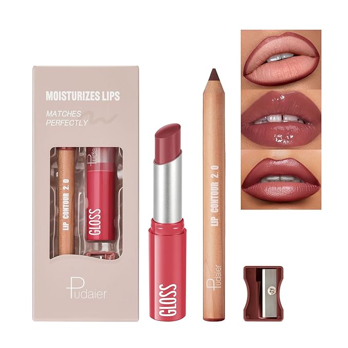 2Pcs Lipstick and Lip Liner Combo, Lip Liner and Lip Gloss Kit for Women, Matte Lip Pencil and Smooth Hydrating Lipstick with Sharpener, Non-Stick Lip Makeup Set