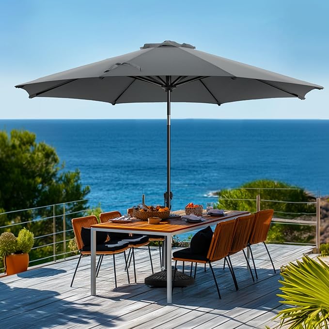 wikiwiki 10 FT Patio Umbrellas Outdoor Table Market Umbrella with Push Button Tilt/Crank, 8 Sturdy Ribs, Fade Resistant Waterproof POLYESTER DTY Canopy for Garden, Lawn, Backyard & Pool, Dark Gray