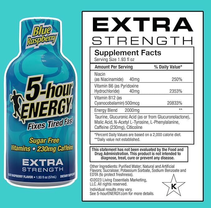 5-Hour ENERGY Shots Extra Strength | Blue Raspberry Flavor | 1.93 oz. 30 Count | Sugar Free, Zero Calories | Amino Acids and Essential B Vitamins | Dietary Supplement | Feel Alert and Energized