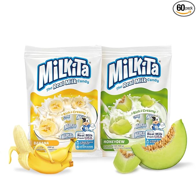 Milkita Creamy Shake Candy Bag, Gluten Free Chewy Candies with Calcium & Real Milk, Zero Trans Fat, Low-Sugar (Banana & Honeydew) 50 Pcs