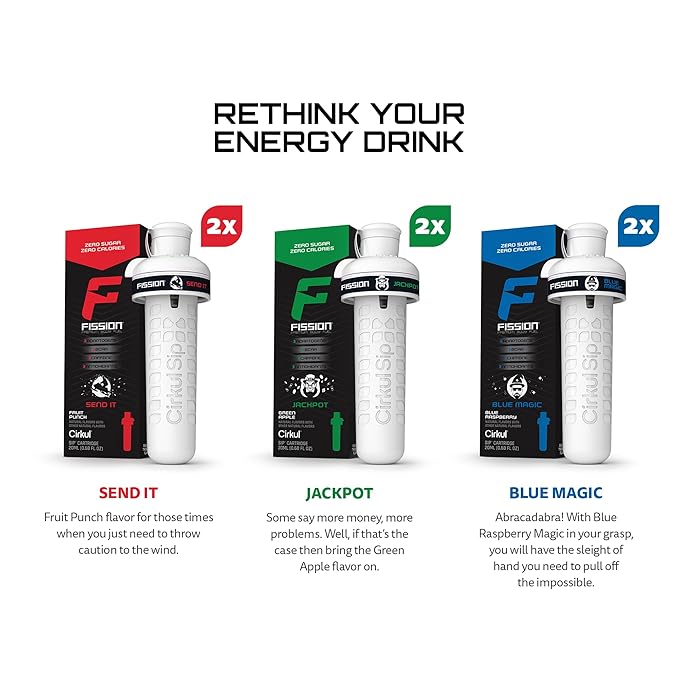 Cirkul Fission Energy Flavor Cartridge Variety Pack with Caffeine, 6-Pack (2 Send It, 2 Jackpot, 2 Blue Magic)