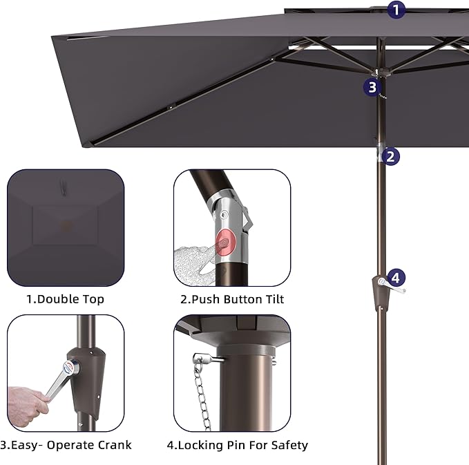 6.6x10ft Rectangular Patio Umbrella, 2 Tiers Outdoor Table Umbrellas with Push Button Tilt and Crank for Patio, Pool, Backyard, Deck, Picnic, Yard (Grey)