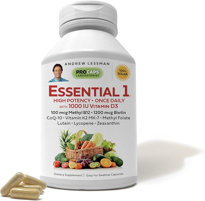ANDREW LESSMAN Essential-1 Multivitamin 1000 IU Vitamin D3 60 Small Capsules – 100 mcg Methyl B12. CoQ10 Lutein Lycopene Zeaxanthin. High Potency. No Additives. Gentle Ultra-Mild. One Daily Capsule