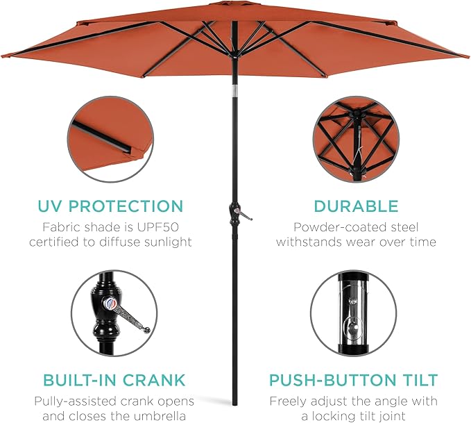 Best Choice Products 10ft Outdoor Steel Polyester Market Patio Umbrella w/Crank, Easy Push Button, Tilt, Table Compatible - Rust