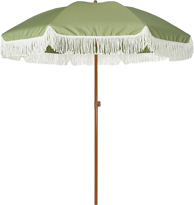 AMMSUN 7ft Patio Umbrella with Fringe Outdoor Tassel Umbrella UPF50+ Premium Steel Pole and Ribs Push Button Tilt, Sage Green