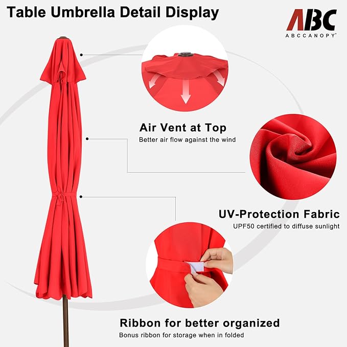 ABCCANOPY Patio Umbrella 9ft, Outdoor Table Umbrella with Push Button Tilt and Crank, 8 Ribs Umbrella for Patio Pool Garden Deck (Red)