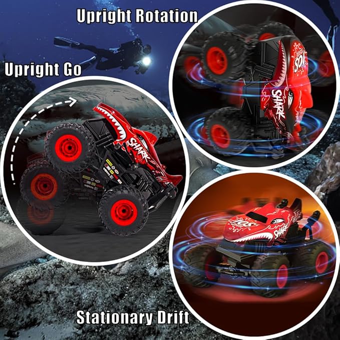 1:20 RC Car for Kids, 2.4GHz Remotes, Red Shark Monster Truck Toys, All Terrain Stunt Remote Control Car with Music, Light, 2 Rechargeable Batteries, Gifts Presents for Boys/Girls Ages 3+