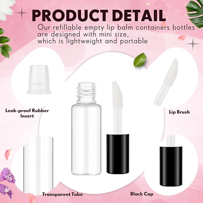 Jinei 150 Pcs Clear Empty Lip Balm Bottles 1.2ml Mini Lip Gloss Tubes, Refillable Containers Transparent Plastic Clear Lipstick Tubes for Girl Women DIY Makeup Sample Travel(Black)