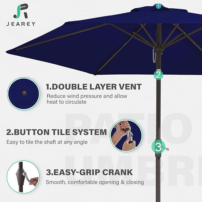 JEAREY 7.5FT Patio Umbrellas Outdoor Umbrella Table Market Umbrella with 6 Ribs,Tilt Button for Pool Deck Backyard Garden,Navy
