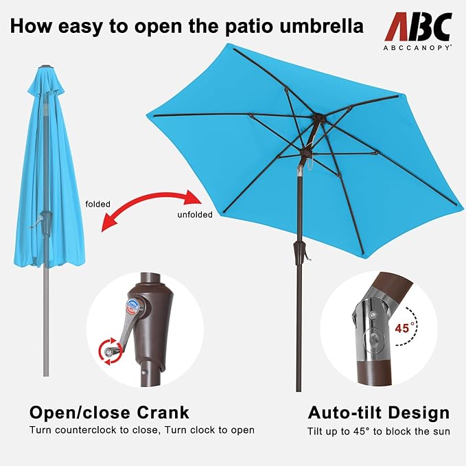 ABCCANOPY Patio Umbrella 7.5ft, Outdoor Table Umbrella with Push Button Tilt and Crank, 6 Ribs Umbrella for Patio Pool Garden Deck Aquamarine