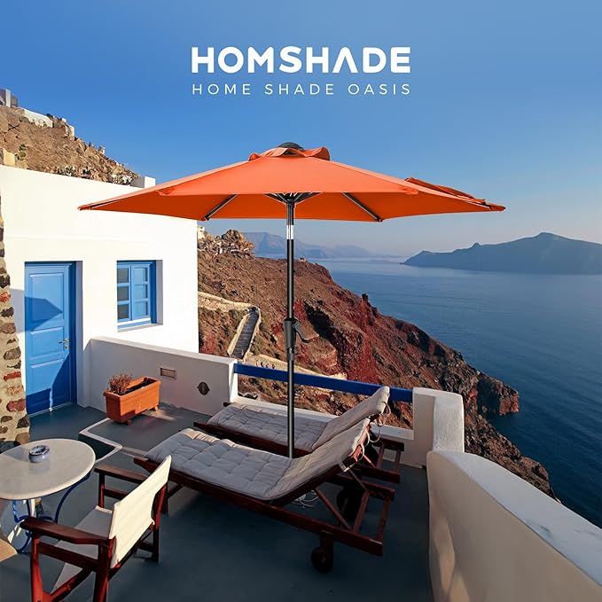 7.5ft Outdoor Patio Umbrella - Market Table Pool Deck Umbrella UPF50+ UV Protection with Push Button Tilt, Crank and 6 Sturdy Ribs (Neon Orange, No base)