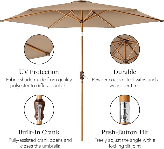 Best Choice Products 10ft Market Umbrella, Outdoor Sun Shade for Backyard, Deck, Poolside, Table w/Woodgrain Pattern, Easy Tilt & Crank - Tan