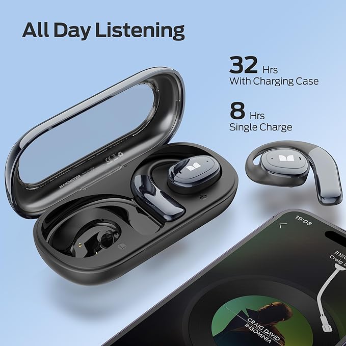 Monster Open Ear AC311 Wireless Earbuds, Bluetooth 5.4 Open Ear Headphones, Up to 30 Hours Playtime Bluetooth Ear Earphones with Stereo Sound, Touch Control and IPX5 Waterproof Open Earbuds