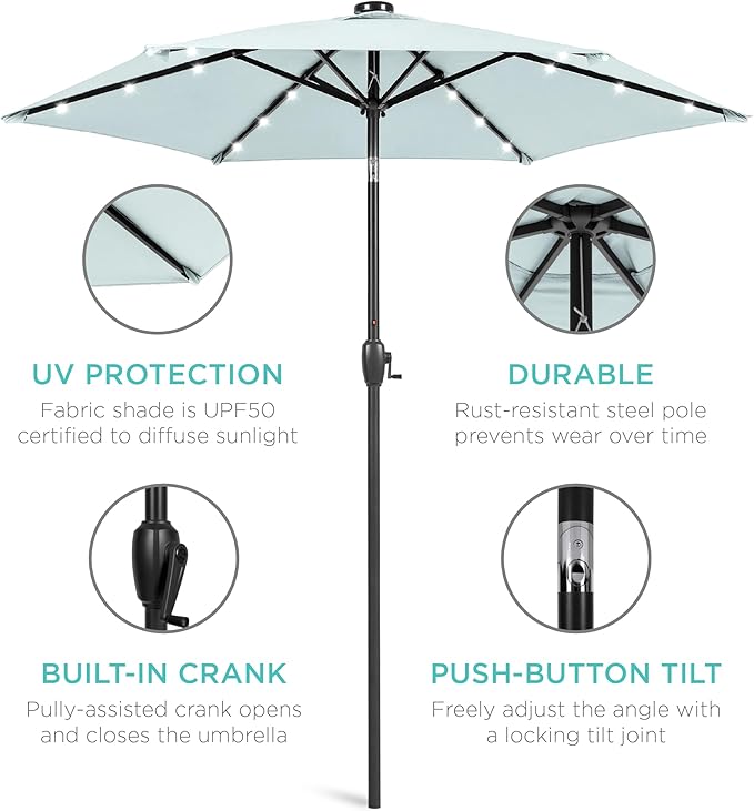 Best Choice Products 7.5ft Outdoor Solar Market Table Patio Umbrella for Deck, Pool w/Tilt, Crank, LED Lights - Baby Blue