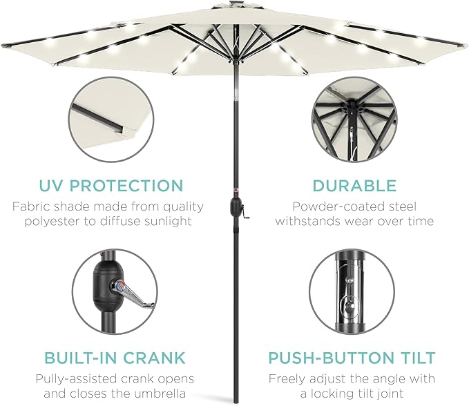 Best Choice Products 10ft Solar Polyester LED Lighted Patio Umbrella w/Tilt Adjustment and UV-Resistant Fabric - Ivory