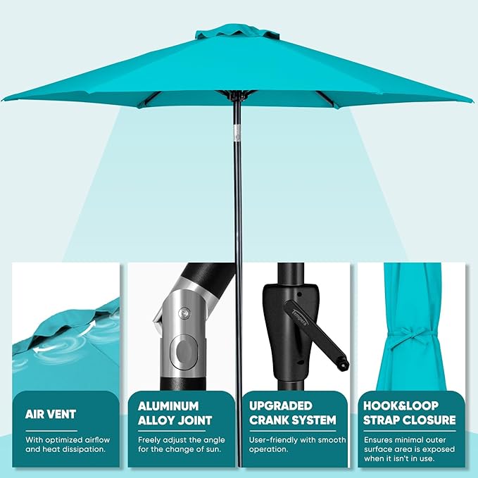 Tempera Patio Market Outdoor Table Umbrella with Push Button Tilt and Crank,Large Sun Umbrella with Sturdy Pole&Fade resistant canopy,Easy to set