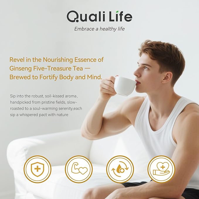 Ginseng Five Treasures Tea, Natural Kidney Cleanse Detox with Ginseng, Red Date, Mulberry Fruit, Maca, Wolfberry, Yam, Polygonatum for Men