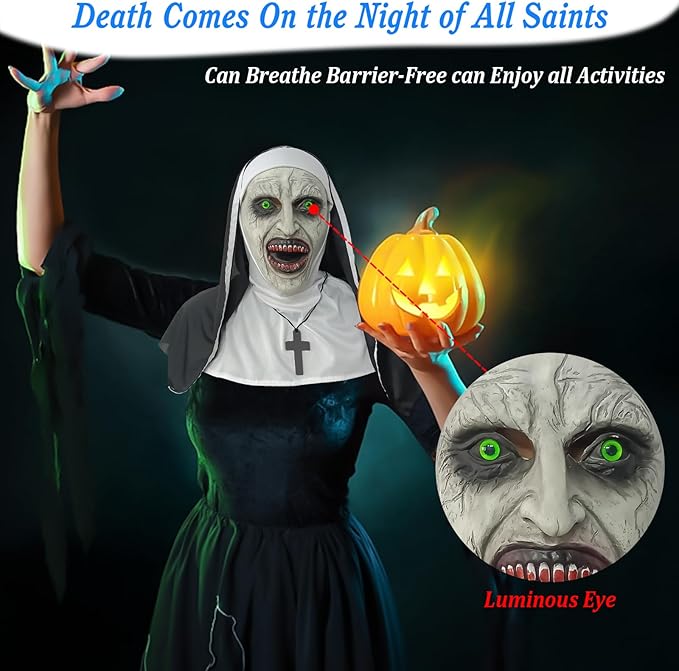 2024 Nun Scary Mask,Halloween Party Scary Full Head Costume Mask with cross necklace