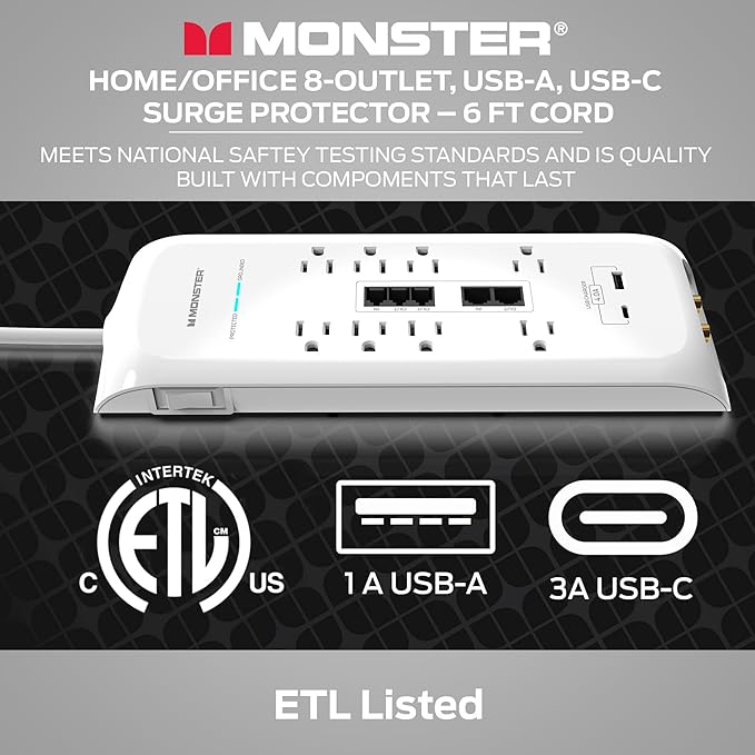 Monster White Heavy Duty Surge Protector Power Strip 6 ft Cord with 8 120V-Outlet Extension, 2 Ethernet Switch Ports, 4050J Rating, 1 USB-A, and 1 USB-C Charging Ports – Ideal for Computers & Offices