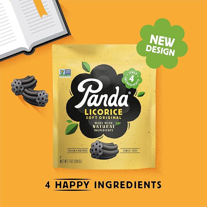 Panda ® | Natural Soft Original Licorice | Pure Panda Black Licorice Candy Made with Only 4 Natural Ingredients | Non-GMO Project verified | Vegan & Fat Free | 200 G - 7 OZ x 8 – Resealable Bags Pack