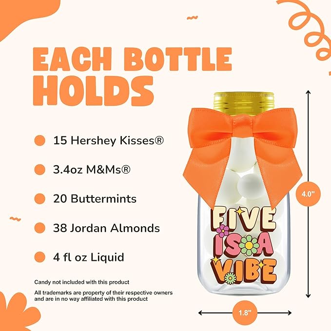 Small 12 Pack Five is a Vibe Party Favors - DIY Candy Jars with Ribbons and Stickers - Groovy Party Decoration Bottles for 5th Birthday Bash for Boy or Girl - Giftable Funky Retro Table Centerpiece