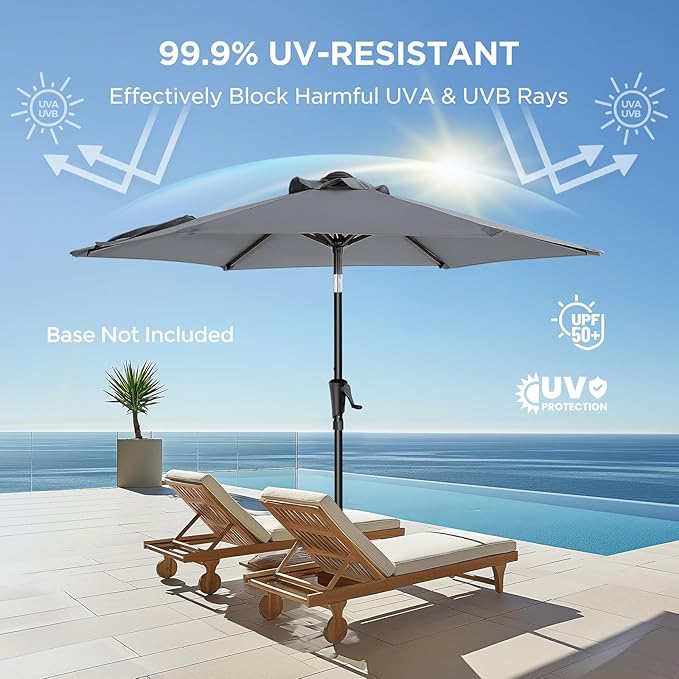 7.5ft Outdoor Patio Umbrella - Market Table Pool Deck Umbrella UPF50+ UV Protection with Push Button Tilt, Crank and 6 Sturdy Ribs (Grey, No Base)