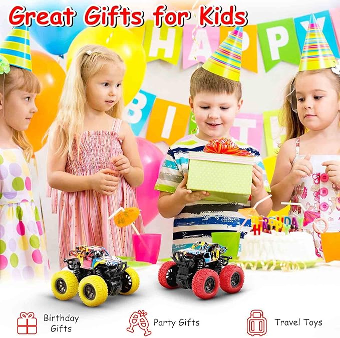 M SANMERSEN Monster Truck Toys for Ages 2-4, Friction Cars for Toddlers 1-3 Push and Go 360° Rotating Stunt Car for 2+ Year Old Boys Girls Gifts (2 Pack - Red and Yellow)