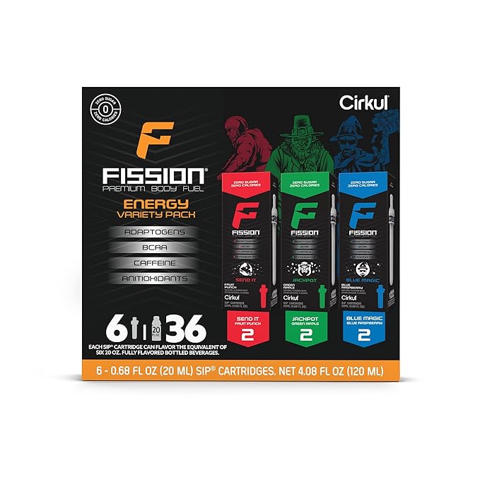 Cirkul Fission Energy Flavor Cartridge Variety Pack with Caffeine, 6-Pack (2 Send It, 2 Jackpot, 2 Blue Magic)