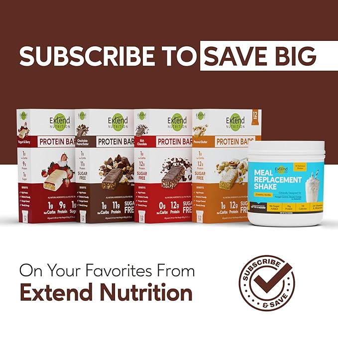 Extend Sugar Free Protein Bars, Perfect Diabetic Snacks, High Protein and Fiber, Hunger Control & Steady Energy, Low Carb, Keto Friendly, Chocolate Peanut Butter, 12 Count