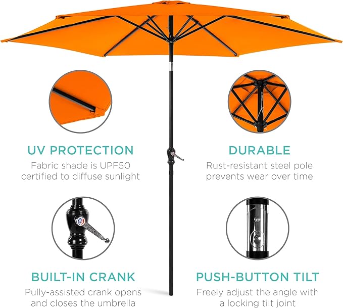 Best Choice Products 10ft Outdoor Steel Polyester Market Patio Umbrella w/Crank, Easy Push Button, Tilt, Table Compatible - Orange