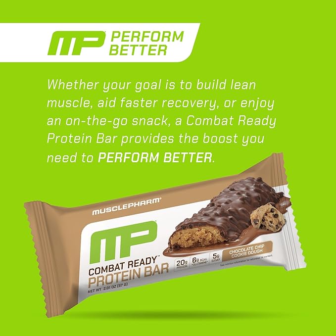 MusclePharm Combat Ready Chocolate Chip Cookie Dough Protein Bar, High Protein Bars, Combat Cravings, Fuel Performance & Meet Energy Demands, 20g Protein from Whey Protein, 5g Fiber, Gluten Free, 4 Bars