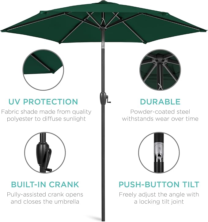 Best Choice Products 7.5ft Heavy-Duty Round Outdoor Market Table Patio Umbrella w/Steel Pole, Push Button Tilt, Easy Crank Lift - Green