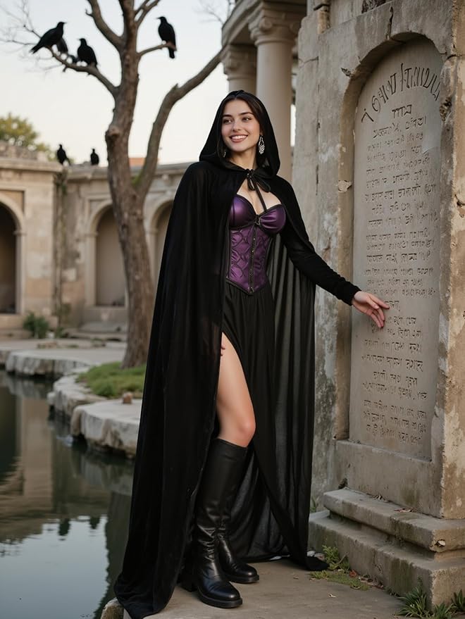 Unisex Adult Black Witch Cape Full Length Hooded Robe Cloak Halloween Dress Up Parties
