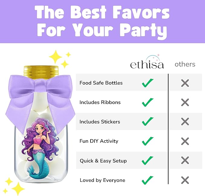Small 12 Pack Mermaid Party Favors - DIY Candy Jars with Ribbons and Stickers - Party Decoration Bottles for Birthday, School Classroom, and Baby Shower - Mermaid Table Centerpiece for Girls