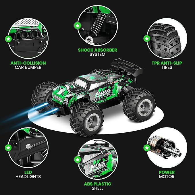 Remote Control Car, 2.4GHz High Speed 18KM/H Monster Truck Toys, 4WD RC Car with 2 Rechargeable Batteries, 200ft Range, 1:20 Scale All Terrain RC Cars, Toys Gifts for Kids and Adults - LED Headlights