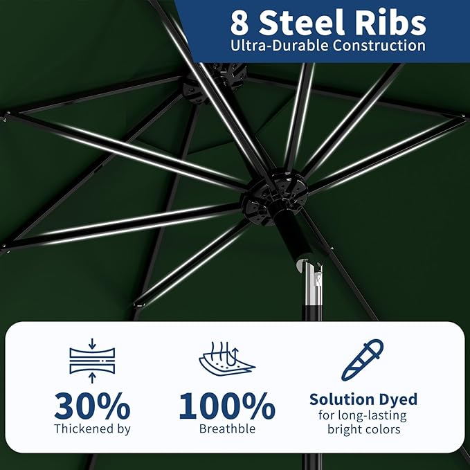 9Ft Patio Umbrella - 8 Sturdy Ribs Outdoor Table Umbrella with Crank Lift & Push Button Tilt - Market Umbrella for Pool, Deck, Yard, Garden - Dark Green