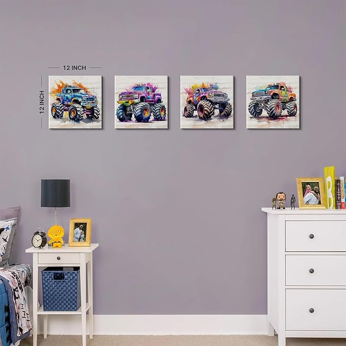 Rustic Monster Truck Room Decor for Boys Kids Bedroom Hot Wheels Wall Art Colorful Car Posters Vehicle Pictures Canvas Prints Modern Artwork Playroom School Home Decoration Children Gifts 12Ă12" 4 Pcs