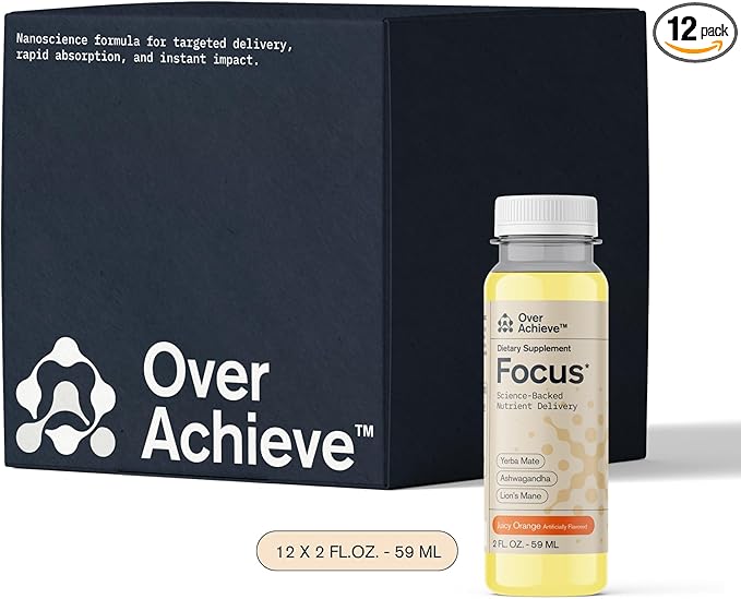 Focus Drink for Concertation - Contains Yerba Mate, Ashwagandha and Lions Mane Mushroom with Advanced Nanoscience Technology - 12 Pack Brain Focus Drink, Orange Flavor, 2oz