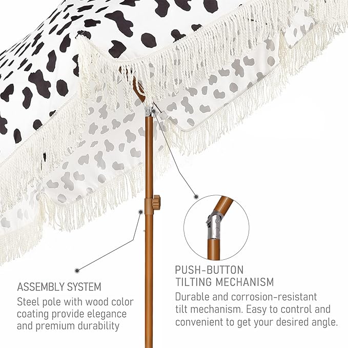 AMMSUN 7ft Patio Umbrella with Fringe Outdoor Tassel Umbrella UPF50+ Premium Steel Pole and Ribs Push Button Tilt, Cow Polka Dots