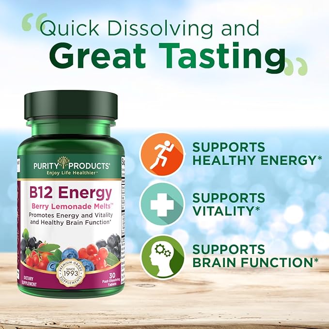 Purity Products B-12 Energy Berry Lemonade Melt w/Super Fruits Methylcobalamin B12 - Vitamins B6, D3, Folic Acid and Biotin - High Absorption MecobalActive B 12-30 Melting Tablets