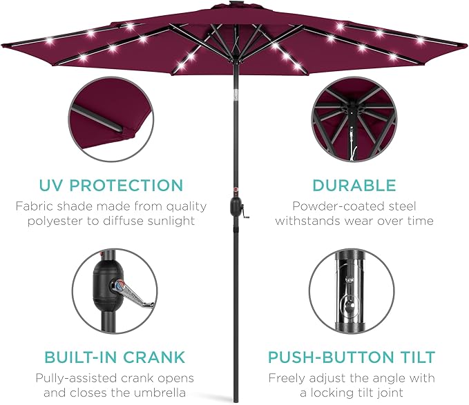 Best Choice Products 10ft Solar Polyester LED Lighted Patio Umbrella w/Tilt Adjustment and UV-Resistant Fabric - Burgundy