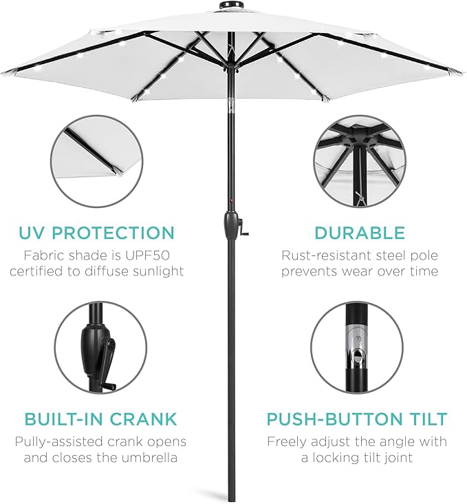 Best Choice Products 7.5ft Outdoor Solar Market Table Patio Umbrella for Deck, Pool w/Tilt, Crank, LED Lights - Bright White