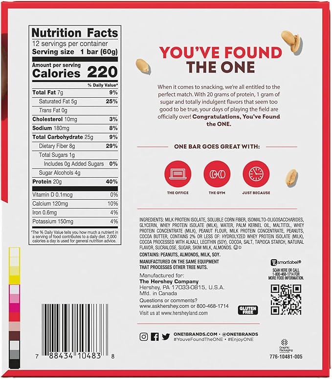 ONE Protein Bars, Peanut Butter Cup, Gluten Free with 20g Protein and 1g Sugar, Pantry Staples, 2.12 oz (12 Count)