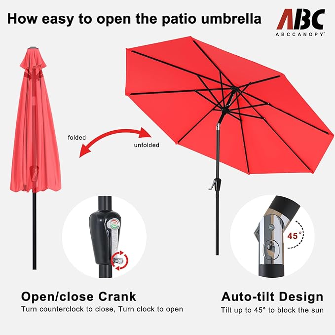 ABCCANOPY 9FT Outdoor Patio Umbrella, 8 Ribs Table Umbrella w/Crank for Easy Set Up, Suitable for Garden, Lawn, Deck & Backyard (Red)