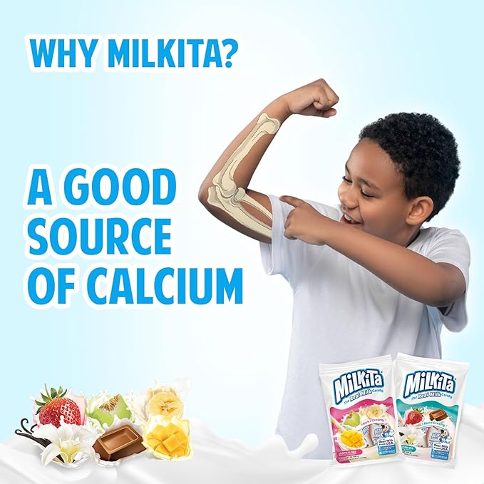 Milkita Creamy Shake Candy Pack of 4, Gluten Free Chewy Candies with Calcium & Real Milk, Zero Trans Fat, Low-Sugar, Assorted Neapolitan Flavors (Vanilla, Strawberry, Chocolate) & Tropical Flavors (Banana, Honeydew, Mango), 120 Pcs