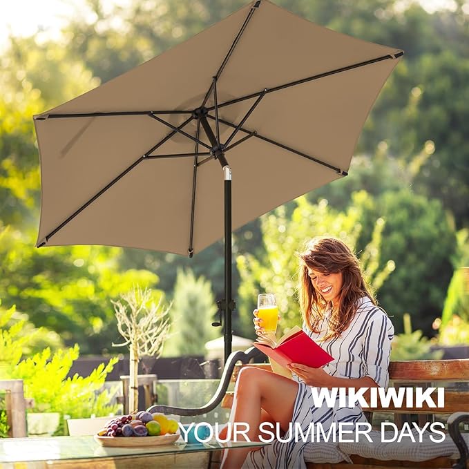 wikiwiki 7.5 FT Patio Umbrellas Outdoor Table Market Umbrella with Push Button Tilt/Crank, 6 Sturdy Ribs, Fade Resistant Waterproof POLYESTER DTY Canopy for Garden, Lawn, Deck, Backyard & Pool, Tan