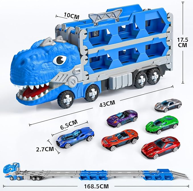 Dinosaur Truck Toys for Boys, Foldable Track Monster Trucks with 6 Mini Alloy Cars - Race Car Toys for Toddlers 2-4, 3-5 Years Transport Carrier for Kids Boys & Girls Play Set