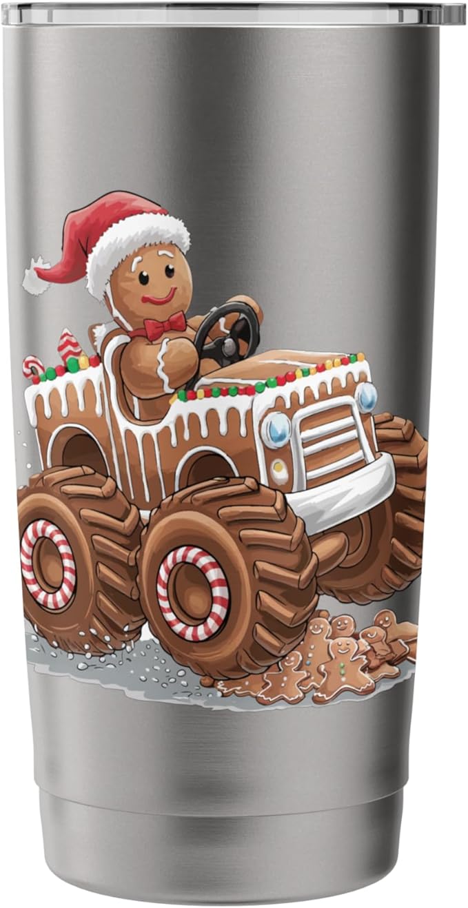 Funny Monster Truck Gingerbread Man Christmas Cookies Boys Stainless Steel Insulated Tumbler