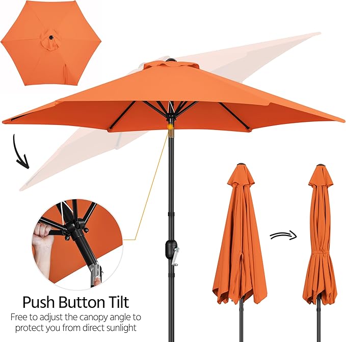 Yaheetech Patio Umbrella, 9FT Outdoor Table Market Umbrella with Push Button Tilt and Crank, Yard Sun Shade with Sturdy Ribs for Garden, Deck, Backyard, Pool, Orange