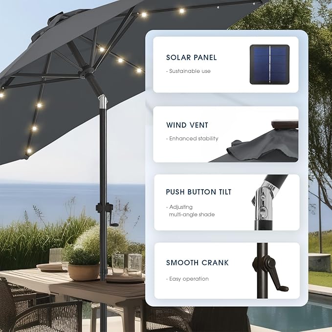 wikiwiki 9ft Solar Led Patio Umbrella, Sturdy Outdoor Market Umbrella for Deck, Pool, Garden w/Tilt, Crank, 32 LED Lights, Dark Gray